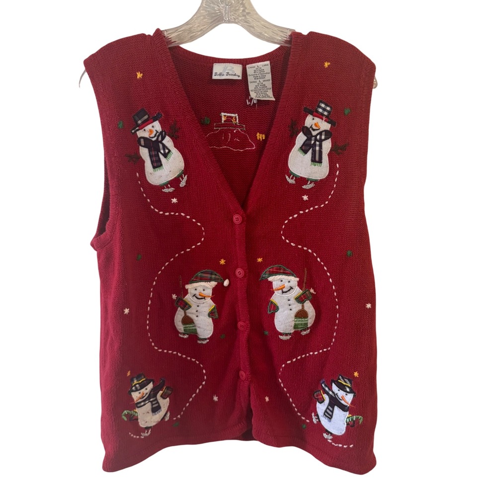 Bobbie Brooks Womens Red Snowman Button Up Knit Vest Sweater L‎ Christmas